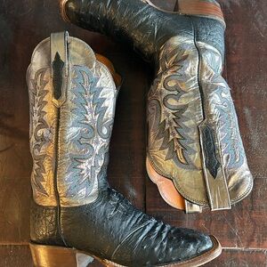 Vintage Lucchese Black Ostrich and Gold Accents Cowboy Boots